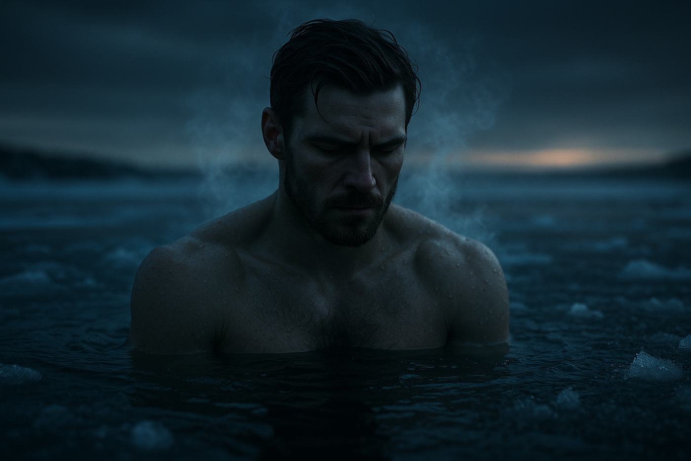 How to cold plunge for men — man submerged in icy water at dawn