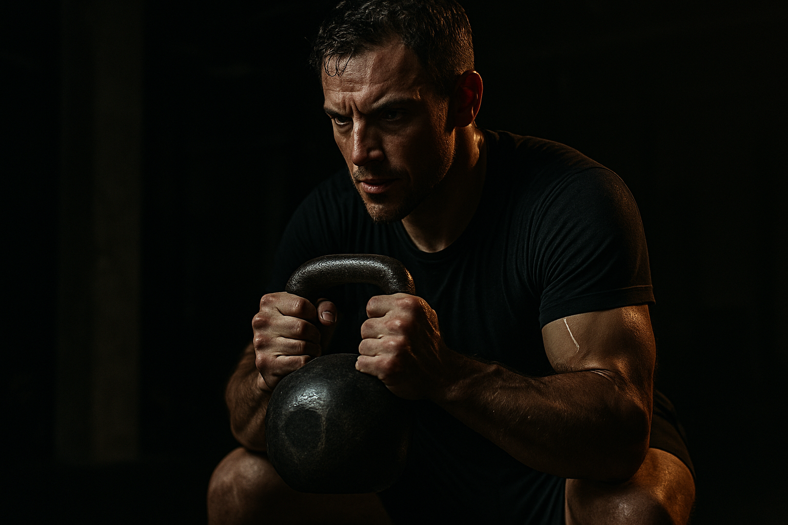 Kettlebell training for beginners — man gripping kettlebell in dark training space